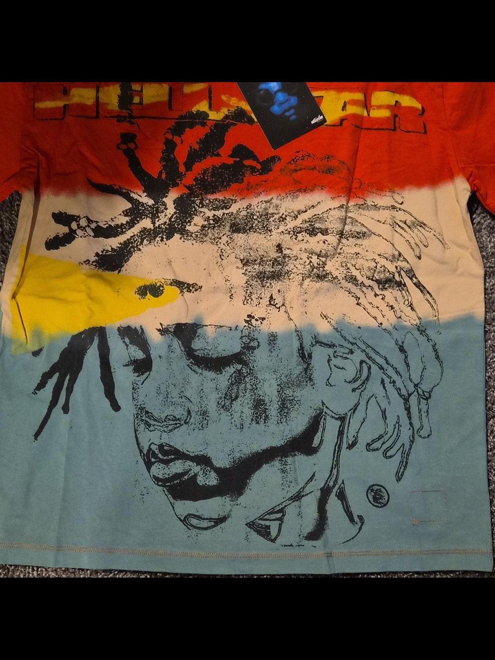 HELLSTAR Graphic Ombre T-Shirt with Face Illustration - Red, Cream, Blue, Yellow